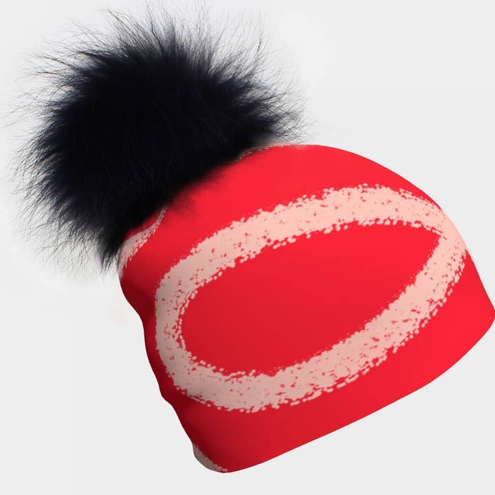 Peachy-Red Beanie With Detachable Black Pom for wholesale by Lalita's Art Shop