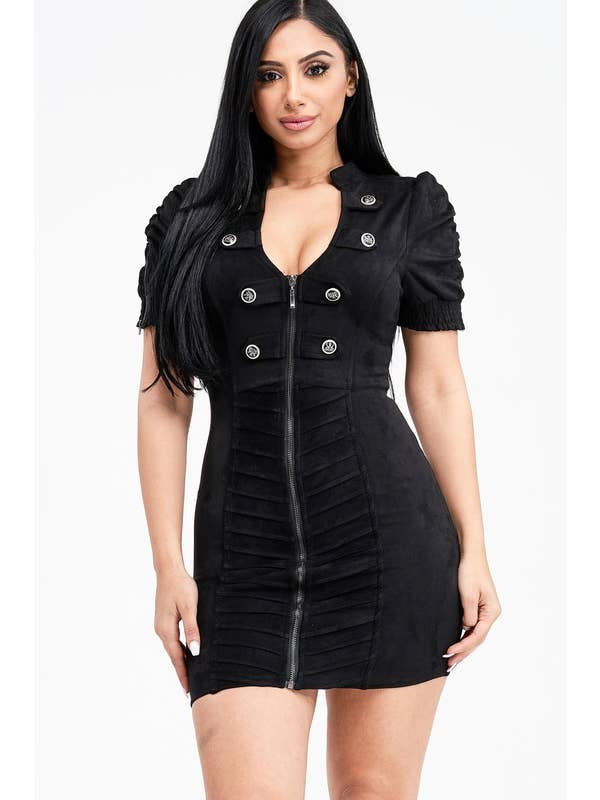 Lydia USA - Venta al por mayor Vestido - Mujer - Vestido de ante con botones militares y media manga