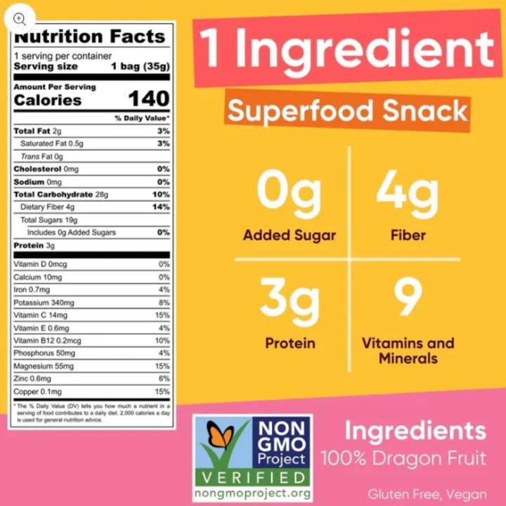 Yammy - Wholesale Dried/Dehydrated Fruit - Dried Dragon Fruit Chips Sharing Pack: Gluten Free, Vegan