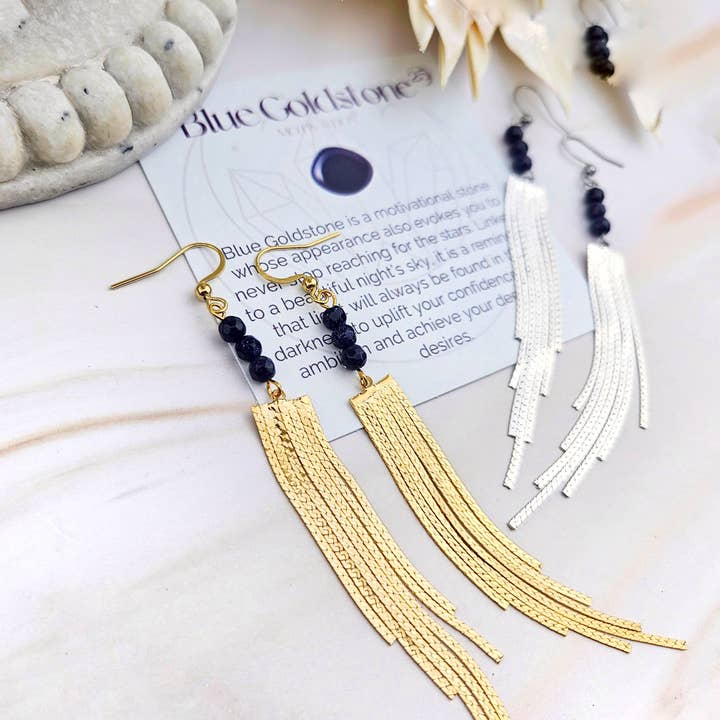 Gemstone Tassel Earrings - Blue Goldstone / Motivation for wholesale by WonderLight Jewelry