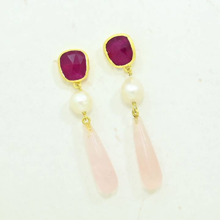 Schmuckoo Berlin - Wholesale Dangle Earrings - Scarlett Earring Gold Plated - Pearl Rose Quartz & Pink Jade
