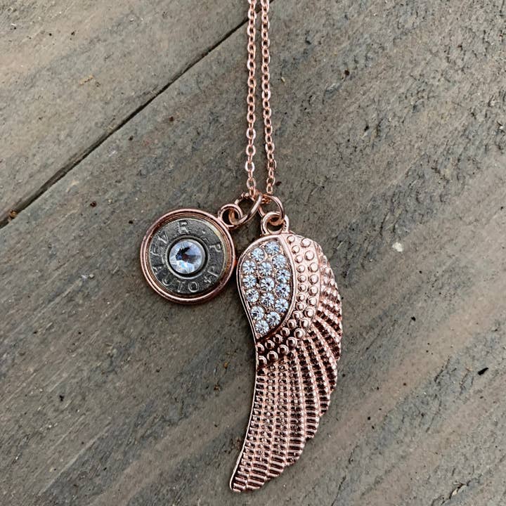 Jill's Jewels - Wholesale Pendant/Charm Necklace - Rose Gold Feather Rhinestone Bullet Necklace1