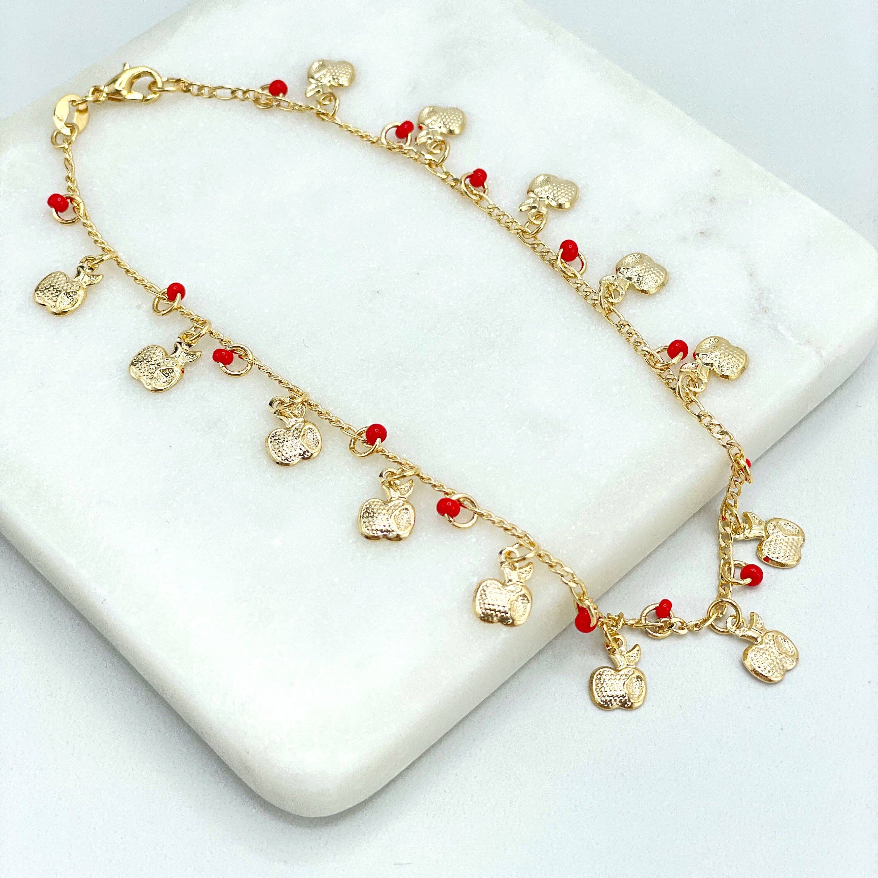 DIJU Jewelry - Wholesale Anklet - 18k Gold Filled 1mm Figaro Chain with Dangles Texturized Apples & Red Beads Anklet, Wholesale Jewelry Making Supplies1