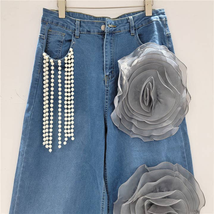 Sanyao Fashion - Wholesale Jeans - Women's - 1M261 2025 Handmade Washed Denim Pearl Tassel Wide-Leg Jeans2