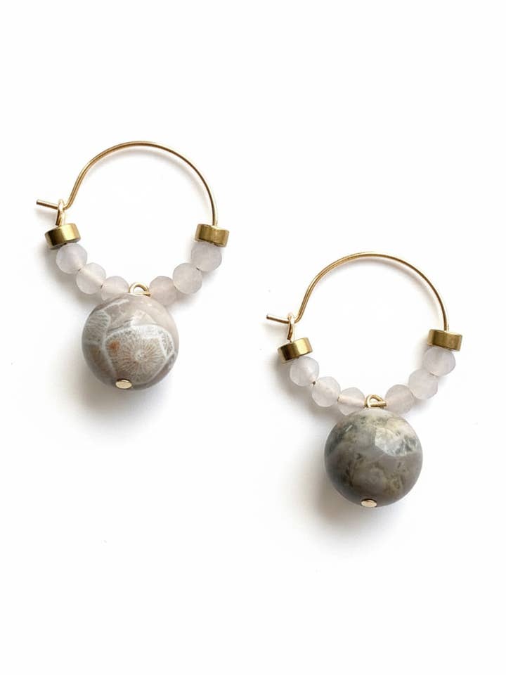 CSTE07 - Natural Fossil Coral & frosted glass Crystal Hoops - Grey, Tan for wholesale by Gist Jewellery