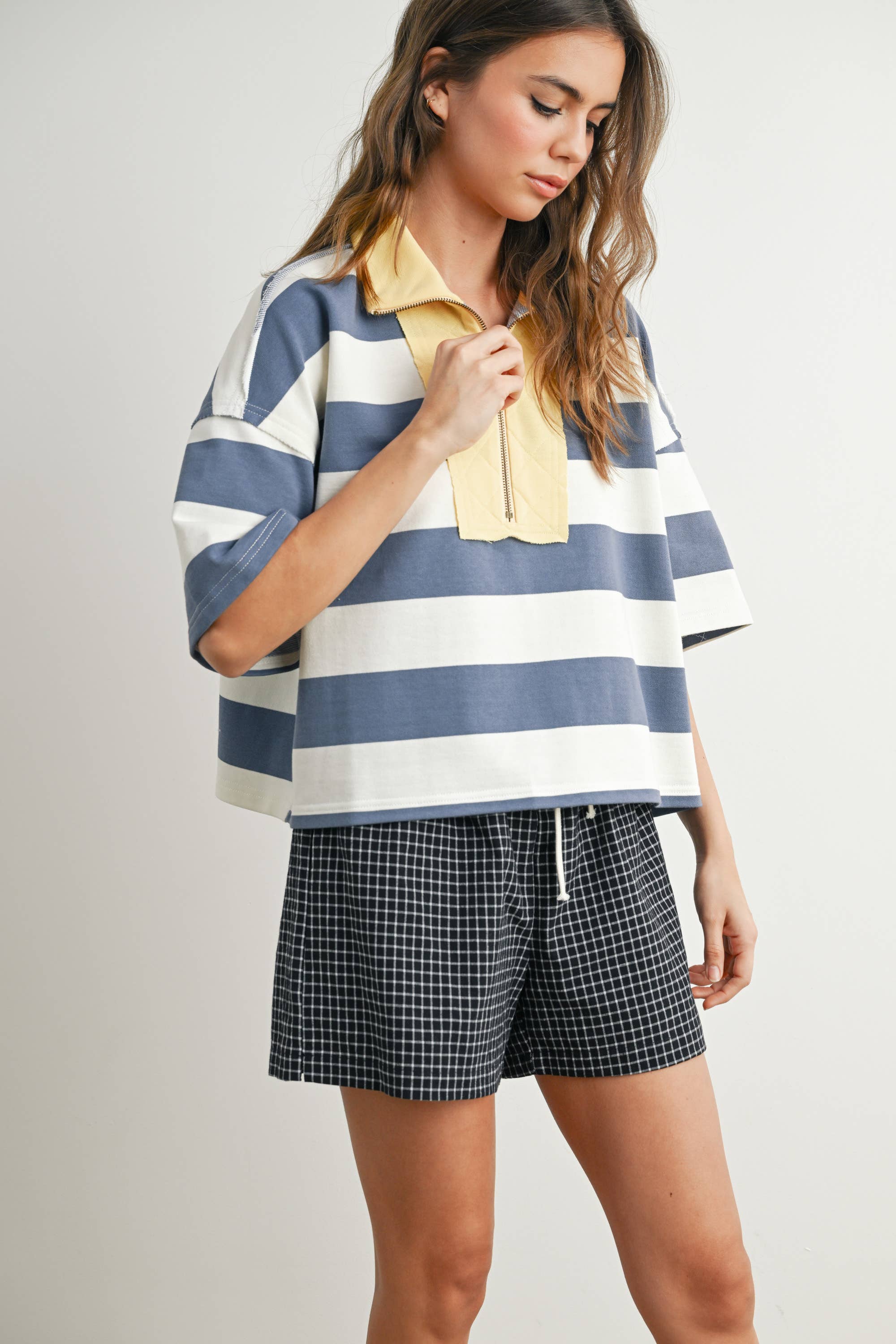 BLUE MULTI Oversized Striped Zip-Up Polo Shirt - BMT7711 for wholesale on Faire5