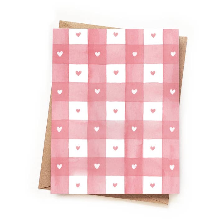 Pink Gingham Heart Watercolor Card for wholesale by Sketchy Notions
