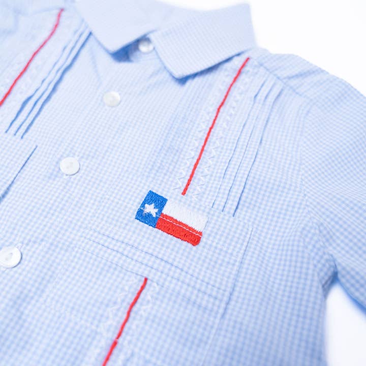 Boots & Bows Smocking Co - Wholesale Button Down Shirt - Kids - Boys Texas Flag Guayabera Shirt