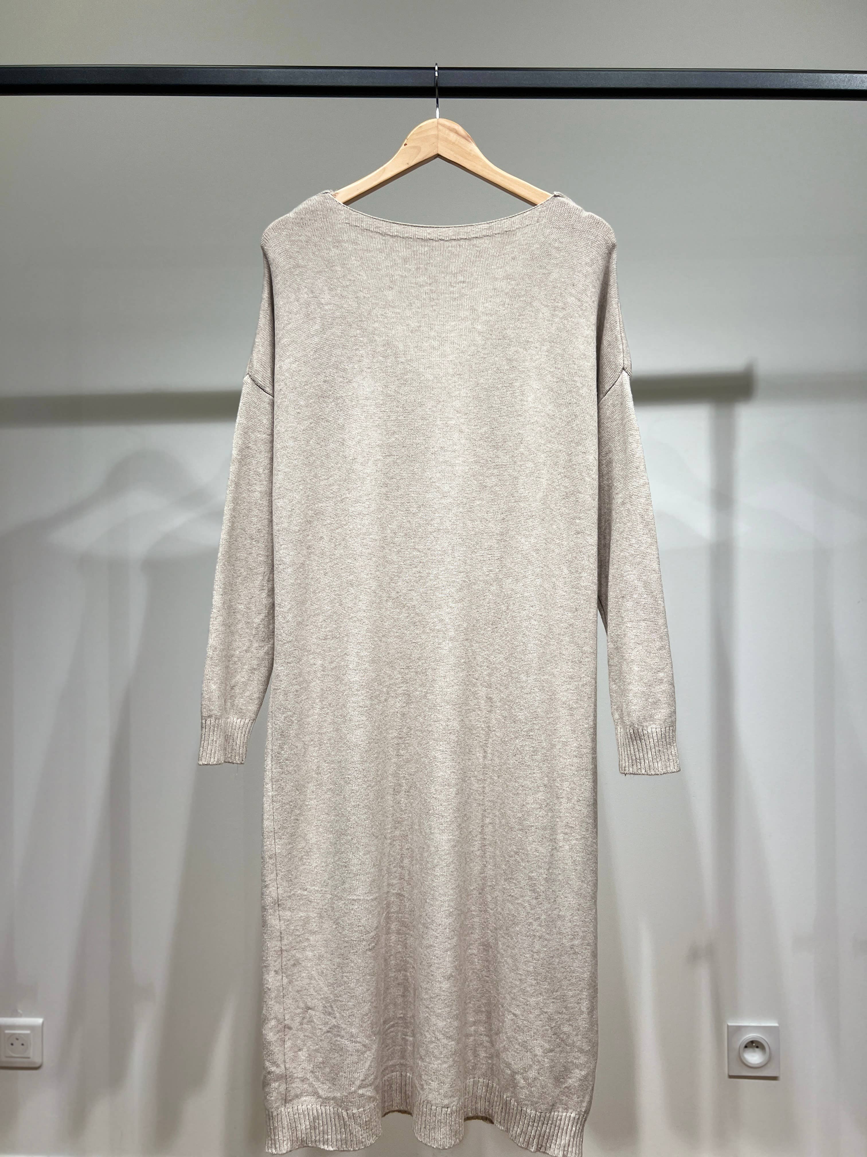 L'Emotion - Vente Robe – femme - Robe Pull Maille Fine Bord-Côtes Côtelé Col V1