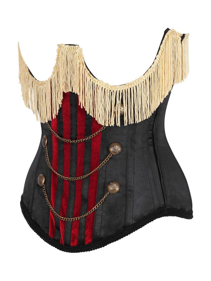 Daisy Corsets – wholesale Kjol - Dam – Topplåda Burlesque Underbyst Svart/Mörkröd Stålbenad Korsett med Guldfransar