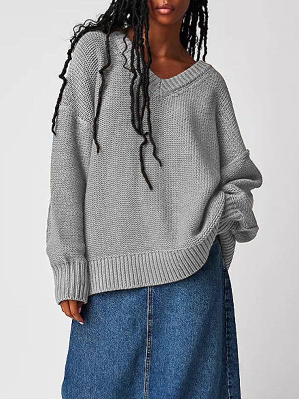 VividLux – wholesale Knitted jumper – Women′s – Long Sleeves Loose Solid Color Velvet V-Neck Pullovers Sweater Tops1