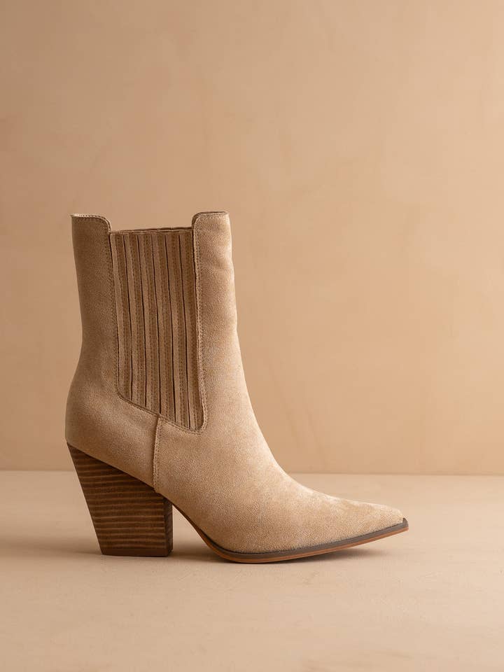 The Lydia | Almond Suede Pointed Toe Western Bootie for wholesale by OASIS SOCIETY