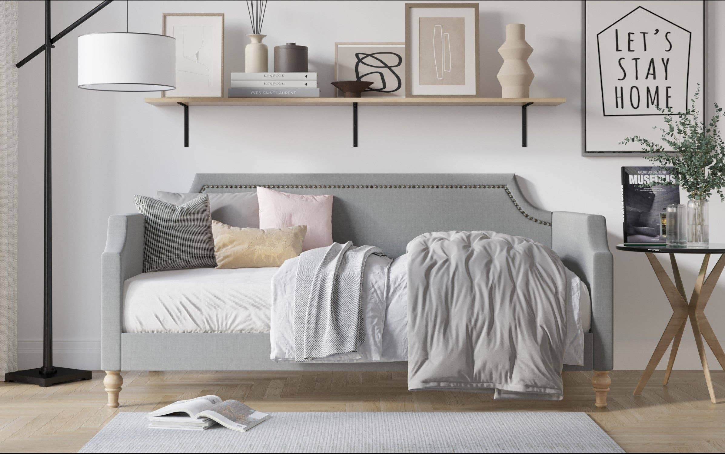 Home Design - Wholesale Day Bed - Pita Upholstered Twin Daybed with Nailhead Trim and Scooped Silhouette, Gray – Adult Living Room, Guest Room, or Bedroom, Easy Assembly2