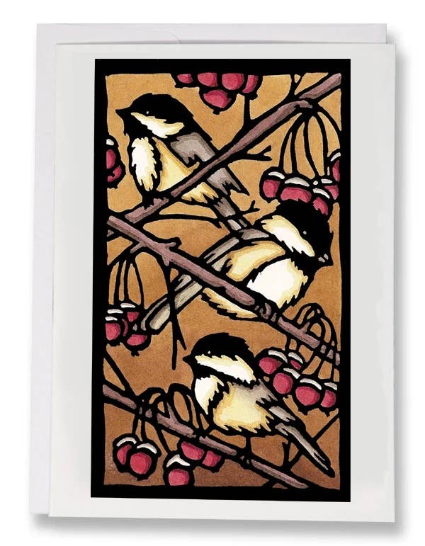 Sarah Angst Art - Wholesale Season's Greetings Card - Greeting Card Three Chickadees2