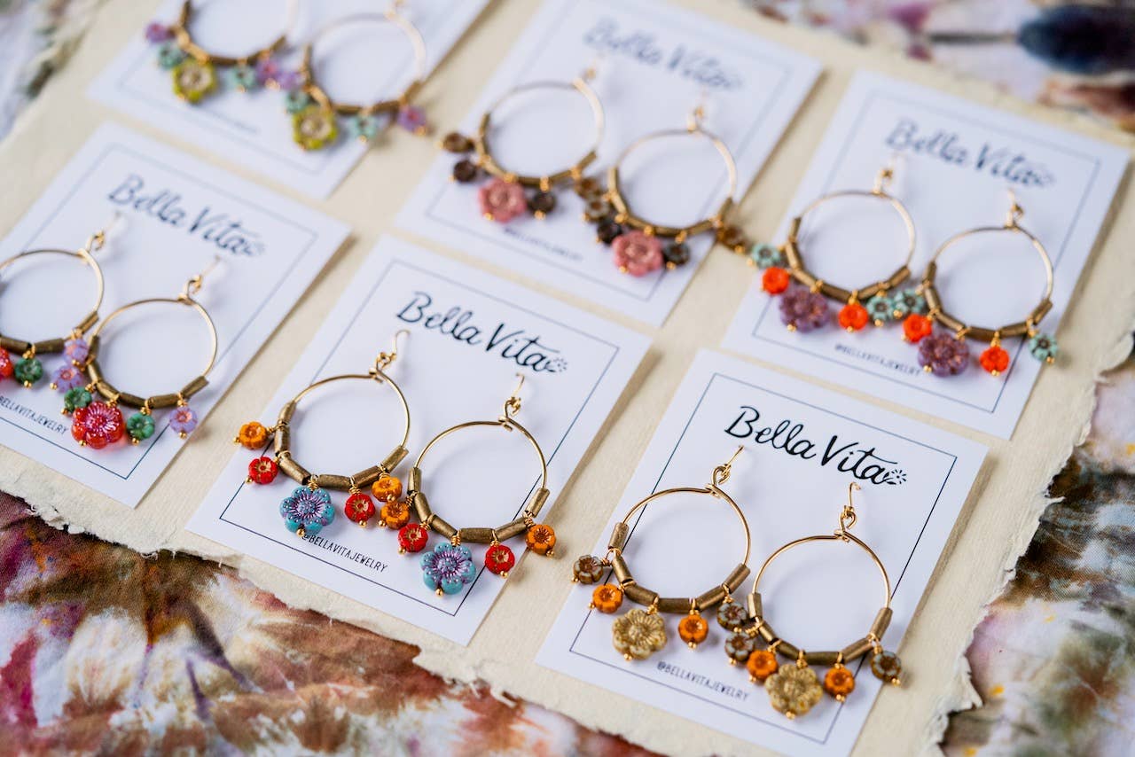Bella Vita Jewelry - Wholesale Dangle Earrings - Flower Power | Bouquet Hoop Glass Flower Bead Earrings2