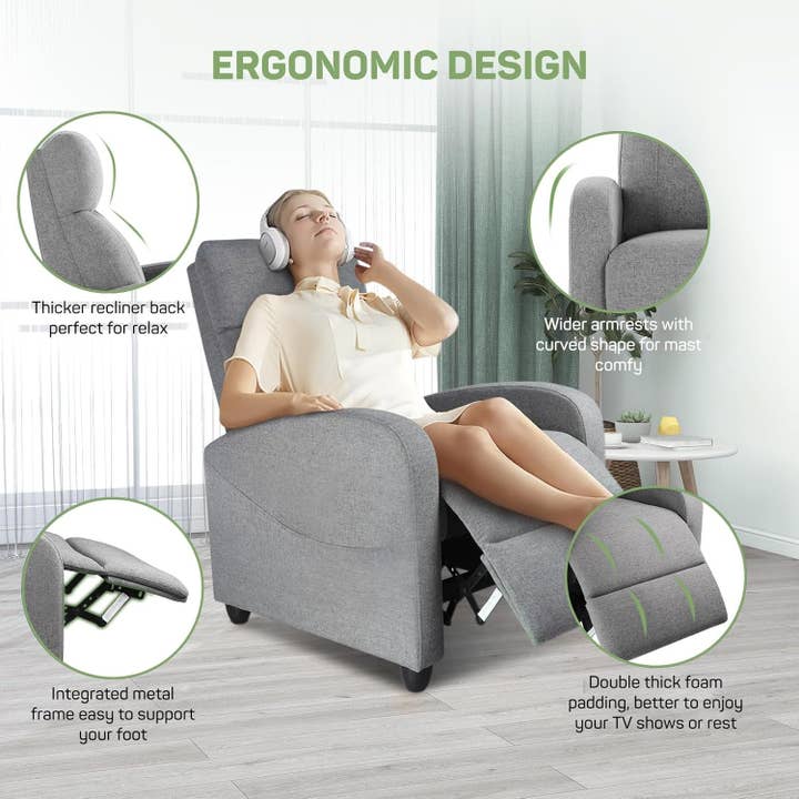 Grey Recliner Chair with Massage and Lumbar Support, Small Fabric Home Theater Seating, Adjustable Modern Reclining Chair for Adults in Living Room for wholesale on Faire3