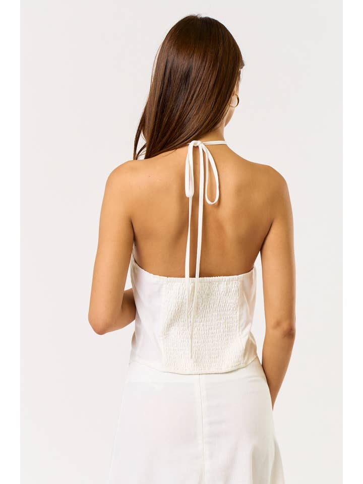 White IBT33548 Halter Patch Scarf Smocked Back Top for wholesale on Faire