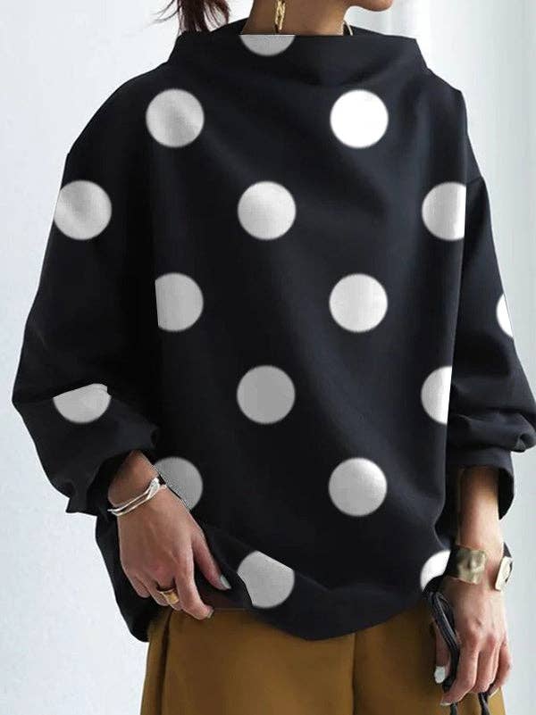 BLACK Casual Polka-Dot High-Neck Long Sleeves T-Shirt for wholesale on Faire