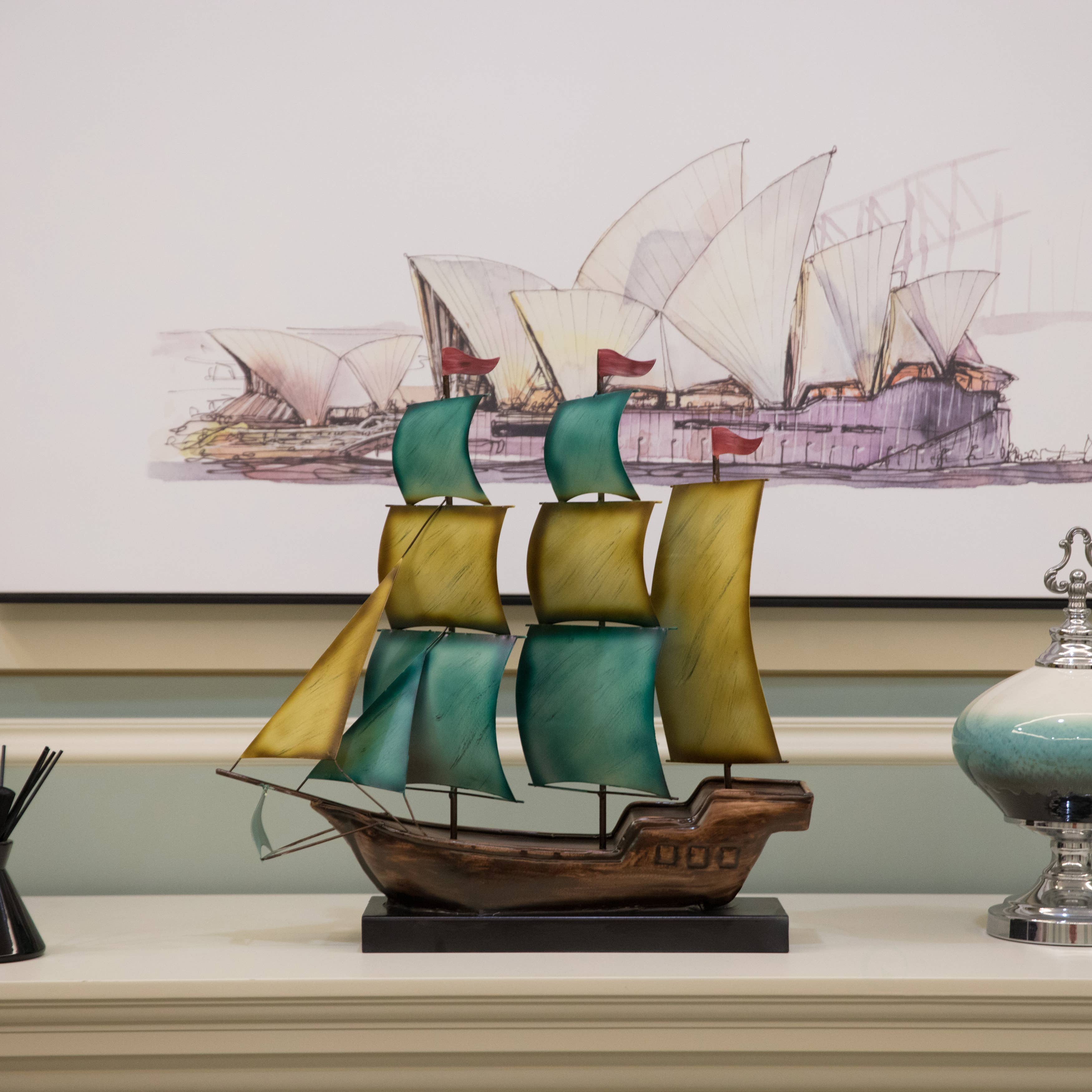 Quickway Imports – Engroshandel Bordpynt – Nautisk boligindretning Metal Sejlbåd Centerpiece Ship Decor8