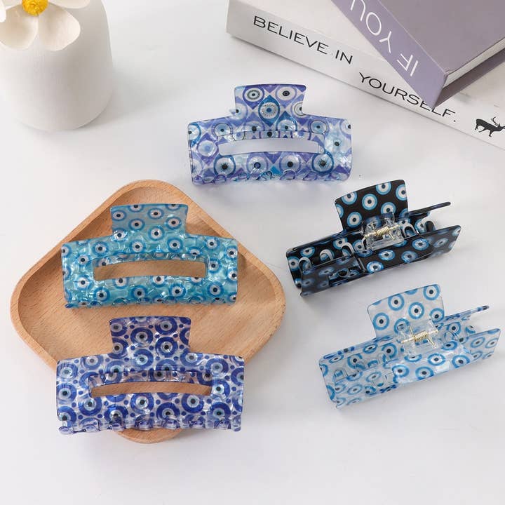 NINEXIS - Wholesale Hair Clip - Women's - CWAHA1612_RECTANGULAR PRINT BLUE SERIES HAIR CLAW CLIP