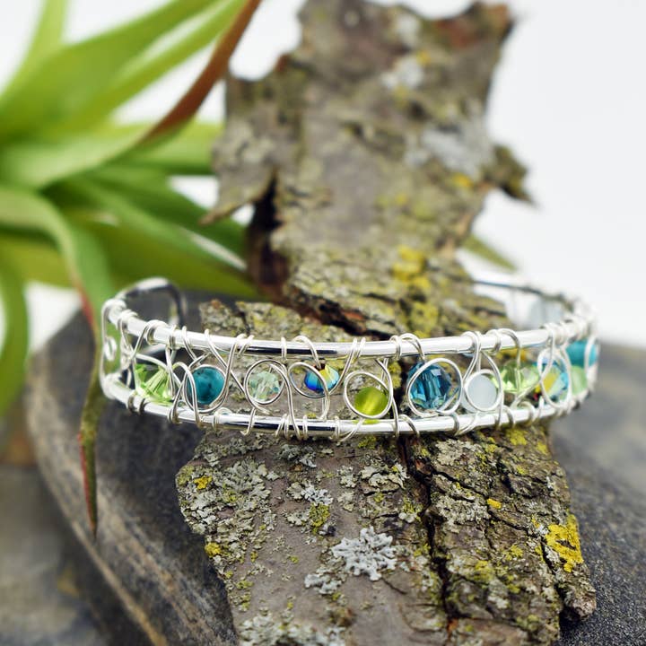 Modern wire woven crystal and gemstone Cuff bracelet for wholesale by Whitelotus Design