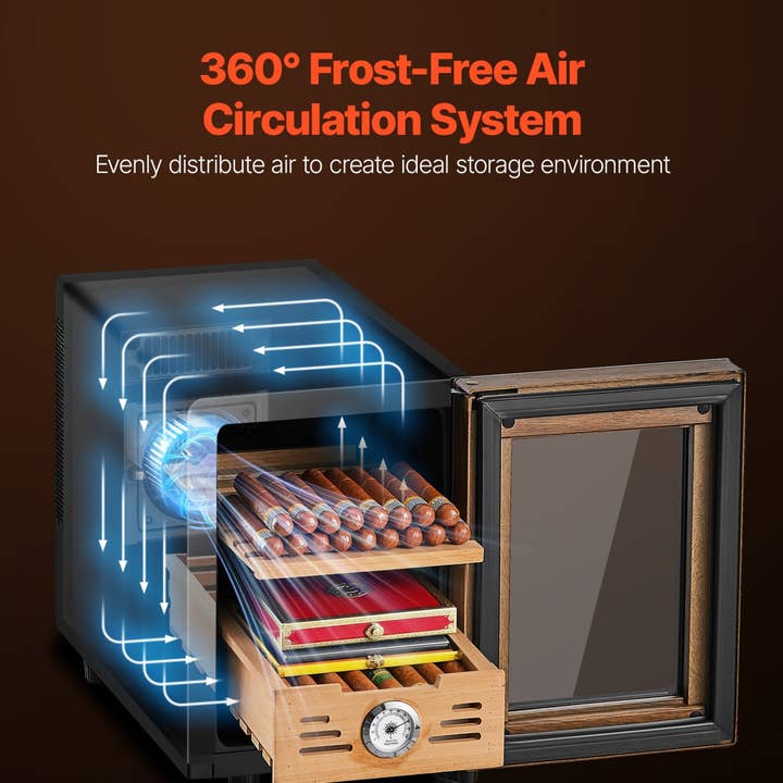 VEVOR Humidor Elétrico, 16L, Humidor Elétrico para Charutos com Capacidade para 100 Unidades, com Controlo de Temperatura de Arrefecimento, Prateleiras e Gavetas em Madeira de Cedro Espanhol, Higrómetro Mecânico, 2 Camadas, Refrigerador para Uso Doméstico por atacado de Slow Burn Flame