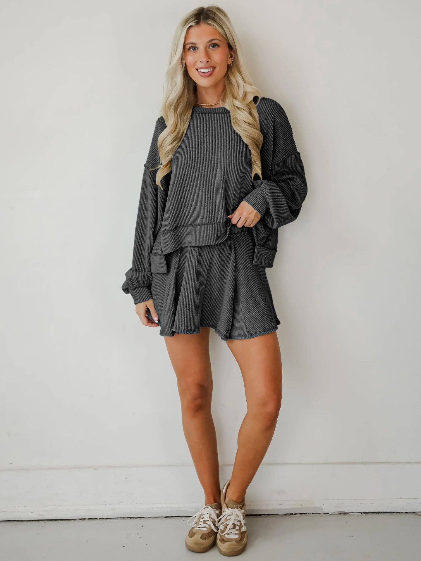 Marayn - Wholesale Top & Skirt Set - Women's - Autumn Ribbed Set Lantern Sleeve Top  Pleated Skirt8