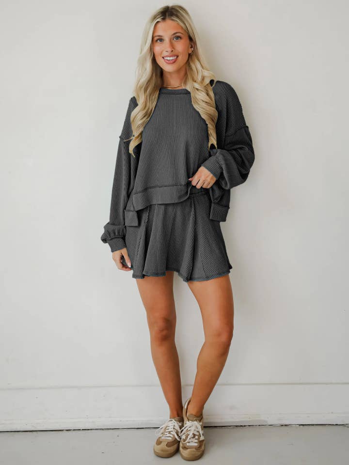 Marayn - Wholesale Top & Skirt Set - Women's - Autumn Ribbed Set Lantern Sleeve Top Pleated Skirt8