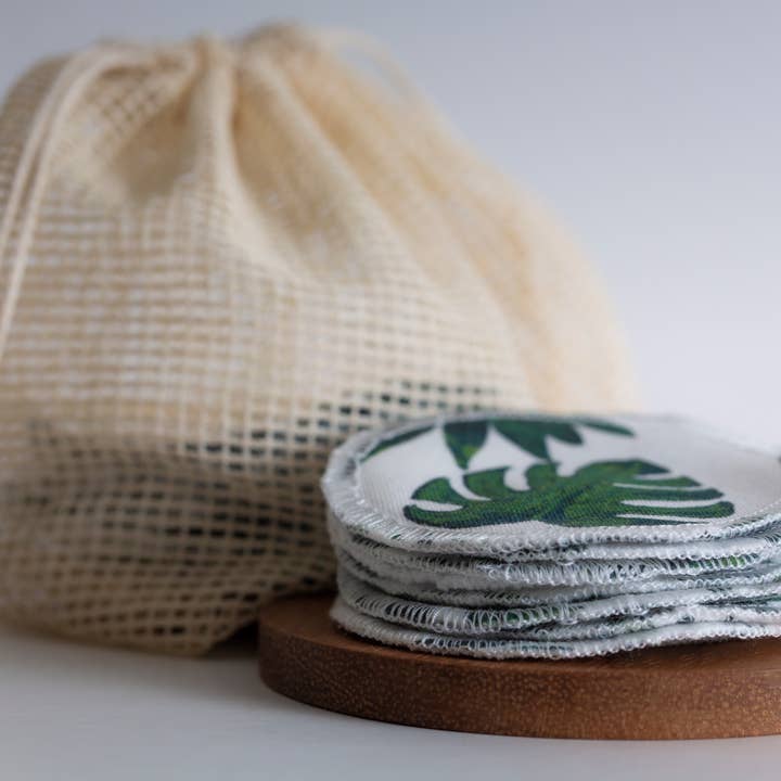 Cotton Facial Rounds | Set of 7 + Wash Bag | Leafy Monstera for wholesale by Well Beings Supply