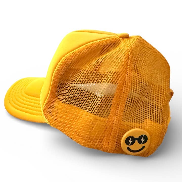 Primrose Yellow Pin Back Button - Lightning Bolt Smiley for wholesale on Faire