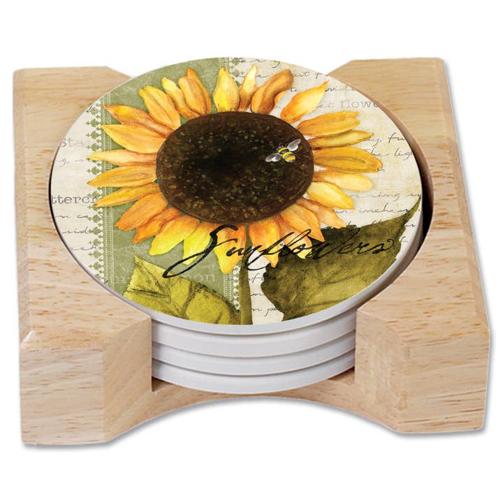 Sunflowers Round Stone Coasters w/Wooden Coaster Holder for wholesale by Conimar Promotions