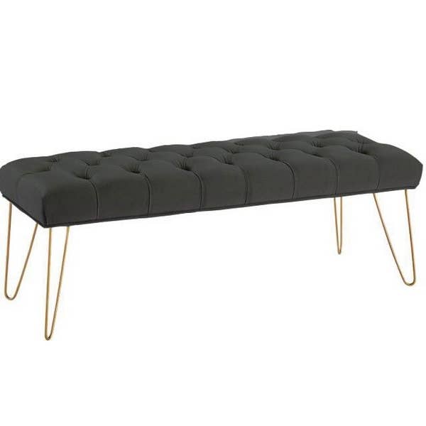 Hi-Line Gift Ltd. - Wholesale Bench - Black Velvet Button-Tufted Bench With Gold-Capped Legs1
