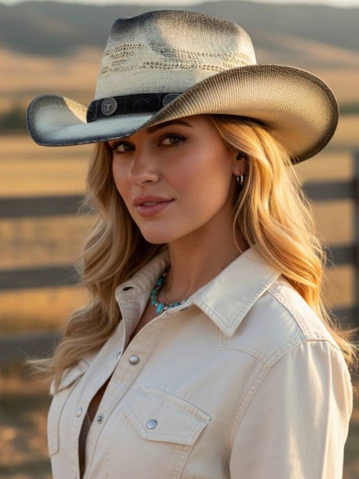 Chapéu de cowboy de palha envelhecida com faixa de conchos Long Horn por atacado de Artini Accessories