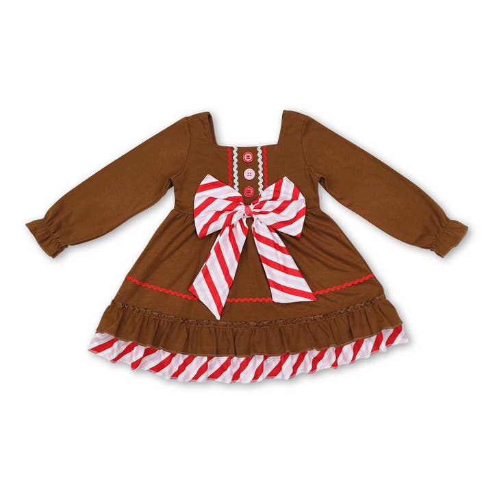 Yawoo Garments - Wholesale Dress - Kids - Long sleeves bow ruffle gingerbread girls Christmas dress