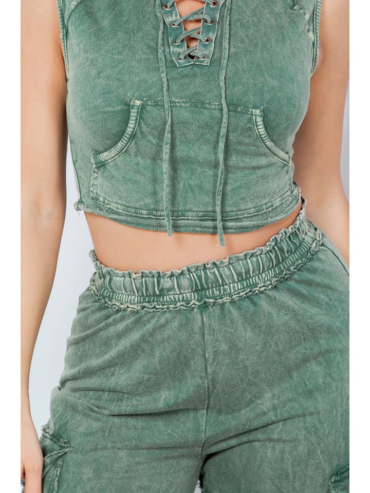 Jour - Vente Ensemble de vêtements d'intérieur – femme - Haut court à capuche délavé aux minéraux et pantalon à poche cargo GD560913