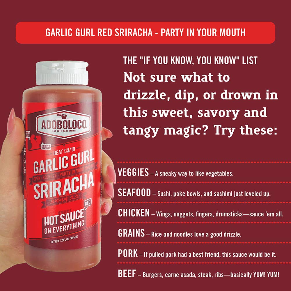 Adoboloco – Engroshandel Hot sauce – Adoboloco hvidløg Gurl Sriracha RØD varm sauce - 12 oz2