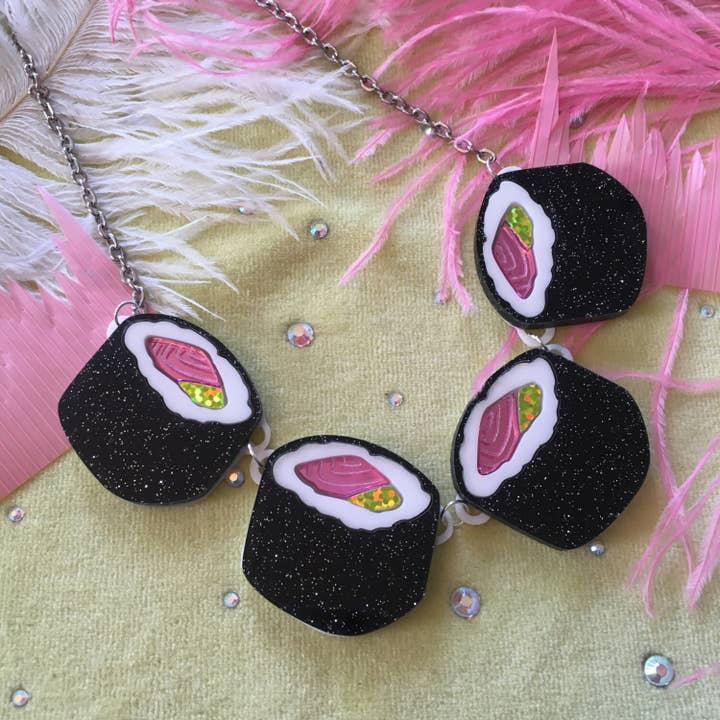 I'm Your Present - Wholesale Pendant/Charm Necklace - Glitter Sushi Roll Connector Necklace, Laser Cut Acrylic, Plastic Jewelry