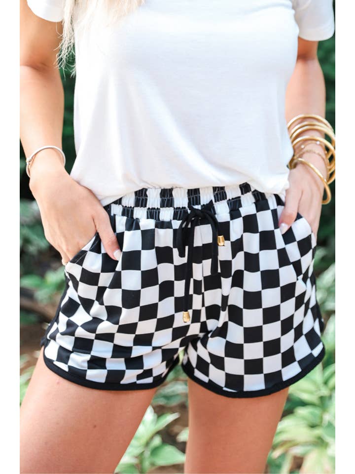 Black White Checkerboard Checkered Drawstring Everyday Shorts for wholesale on Faire