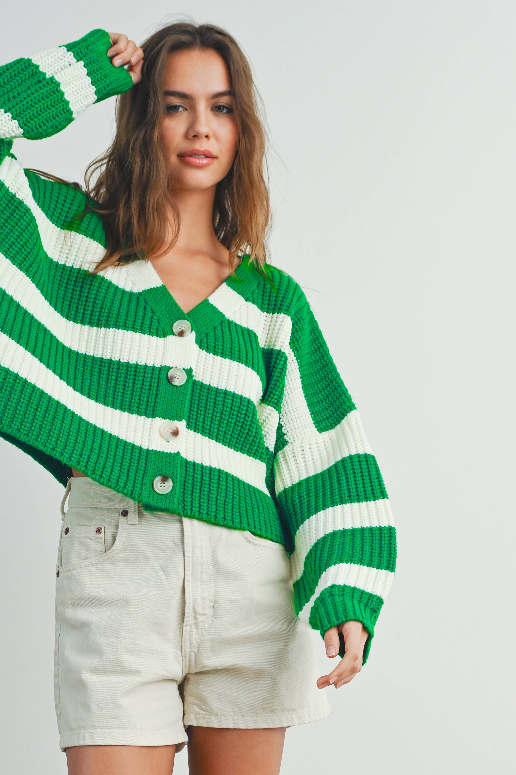 BUTTERMELON – wholesale Cardigan – Women’s – Striped V-Neck Cardigan with Buttons - BMC733117