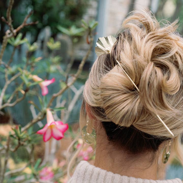 Matr Boomie Fair Trade - Wholesale Hair Pin - Sayuri Ginkgo Leaf Hair Pin - Slide with Stick - Gold
