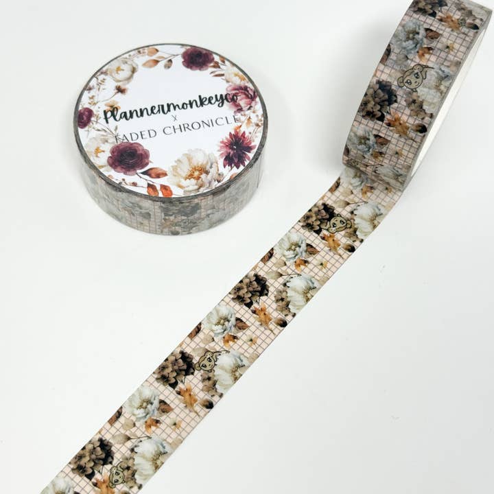 Macy Fall Floral Grid Washi Tape | 15MM (PMC X FADED CHRONICLE) for wholesale by Plannermonkeyco