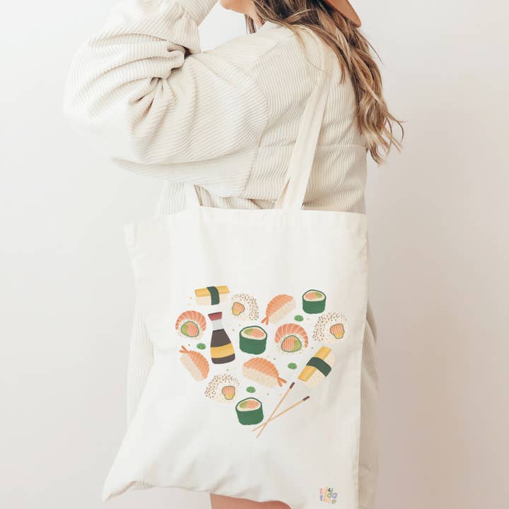 Tilda&Theo - Venta al por mayor Bolsa grande - Unisex - Bolsa de tela Sushi Heart Nigiri - bolsa de yute de regalo para sushi