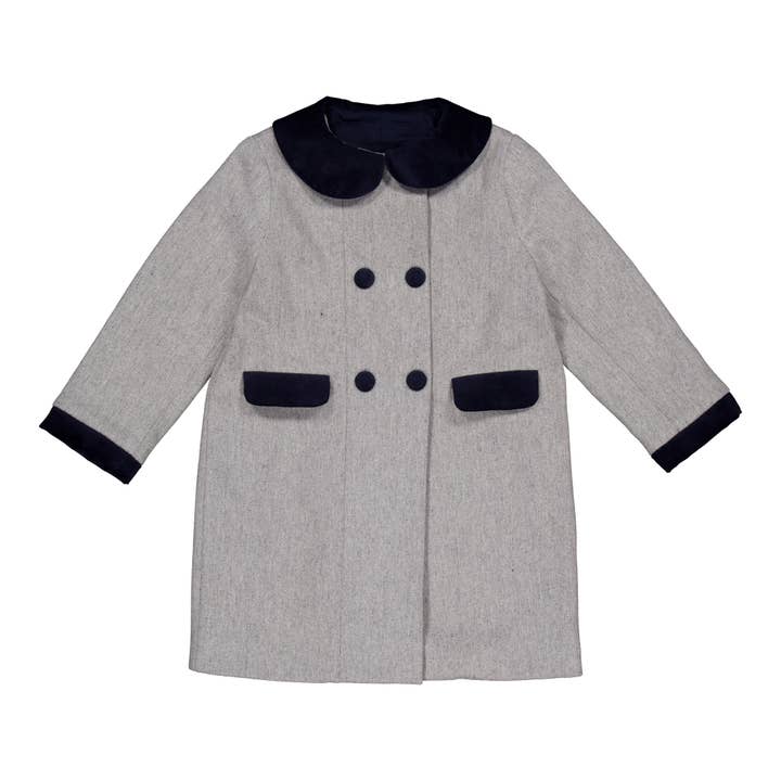 Toni, Mantel, aus grauer Wolle mit marineblauen Samtbesätzen für den Großhandel von Kidiwi handmade