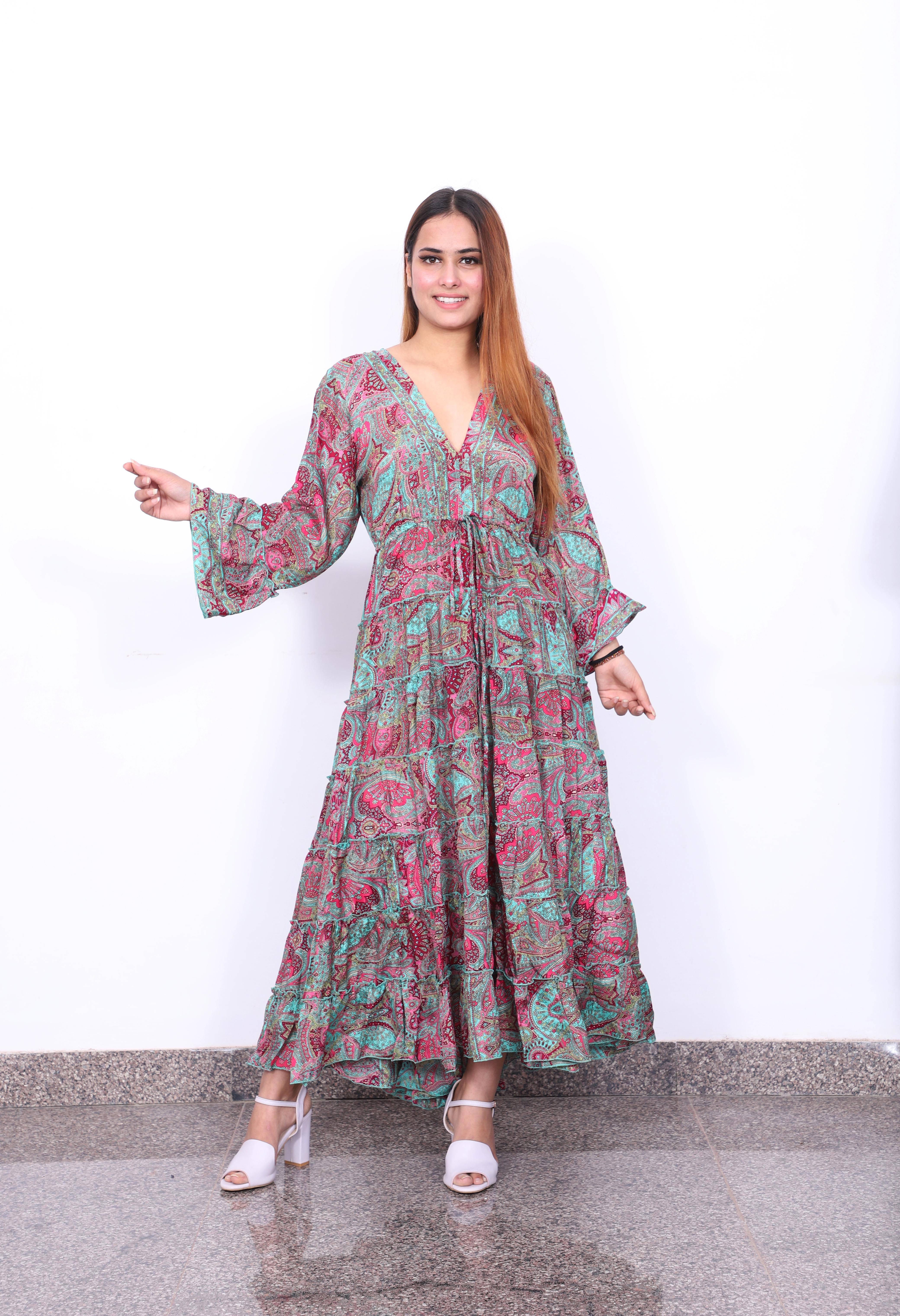 Humanity Centred Designs – wholesale Dress – Women's – V neck Full length printed frill dress with flared Sleeve0