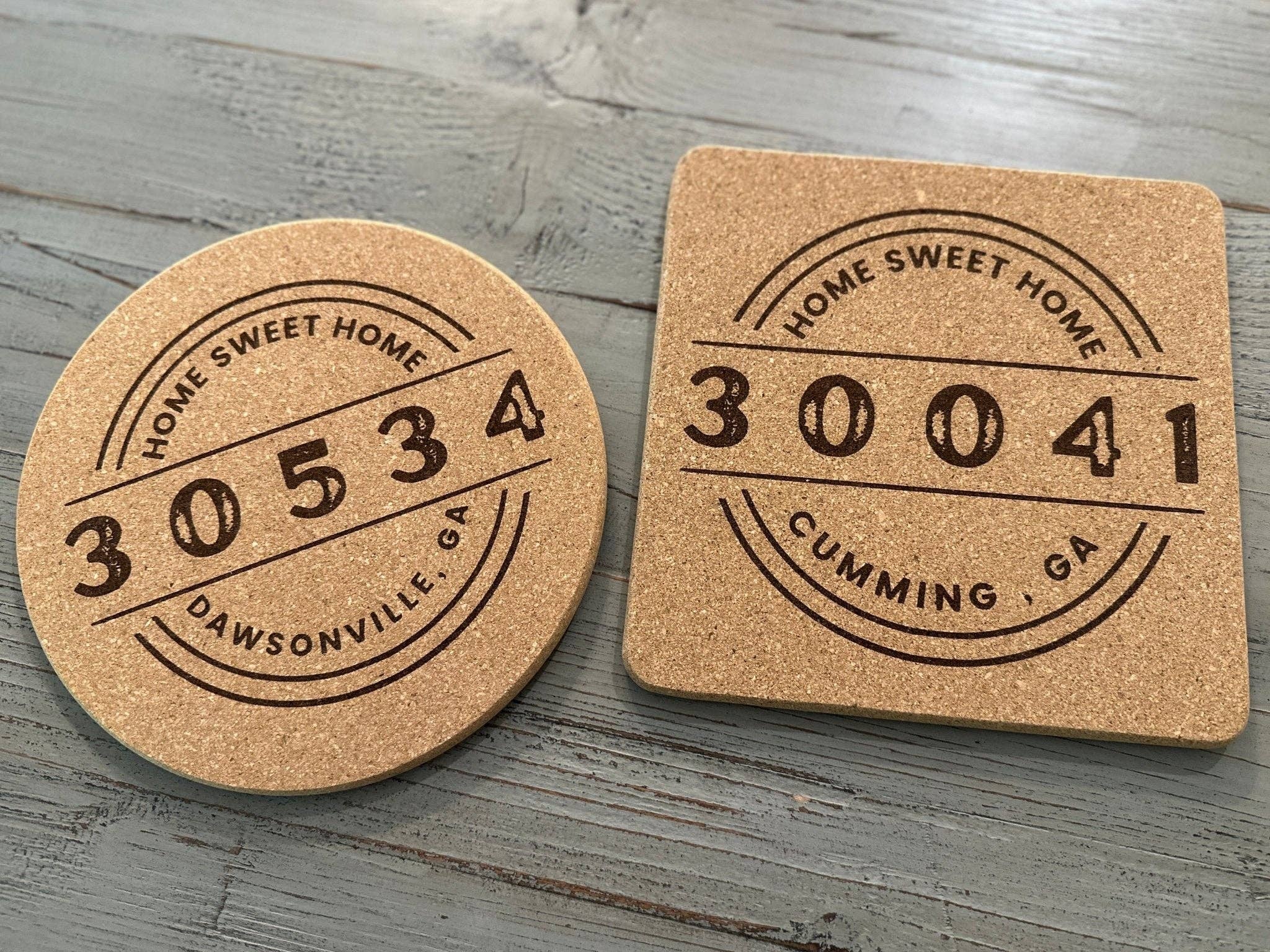 Seeds & Sawdust - Wholesale Trivet - Cork Trivet | Round or Square "Home Sweet Home" City & Zip | Hot Pad3