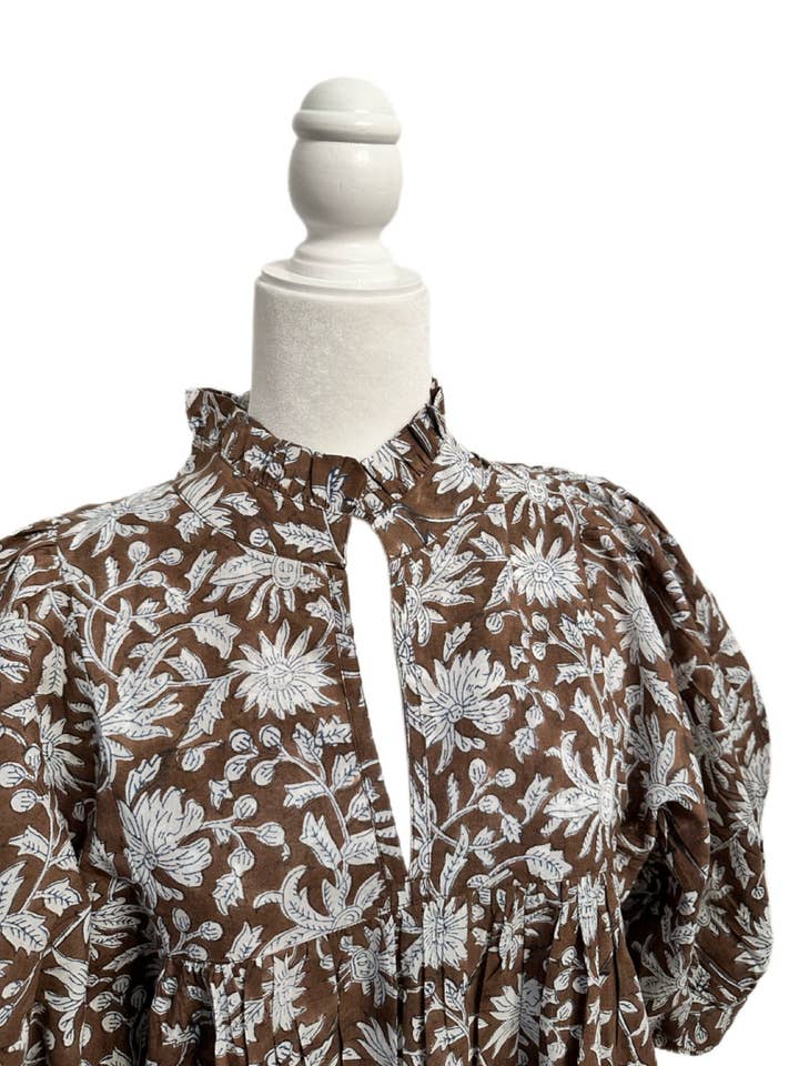 Maxi Brown Puff Sleeve Dress w Pockets & Belt for wholesale by Rena Lina