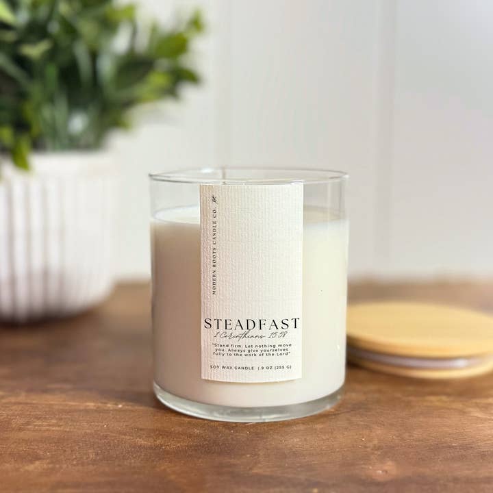 Steadfast | White Oak & Vanilla | 9oz. Clear Jar Soy Candle for wholesale by Modern Roots Candle Co.