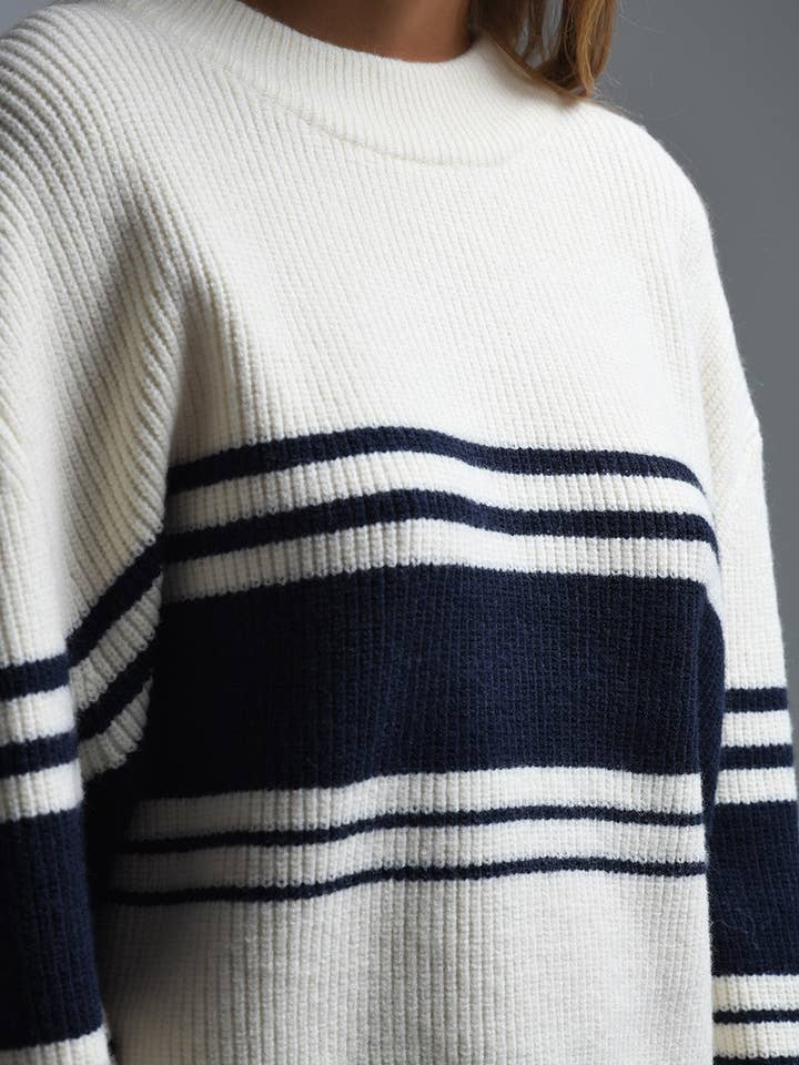 Ribbed Cream Sweater With Navy Chest Stripes for wholesale on Faire4
