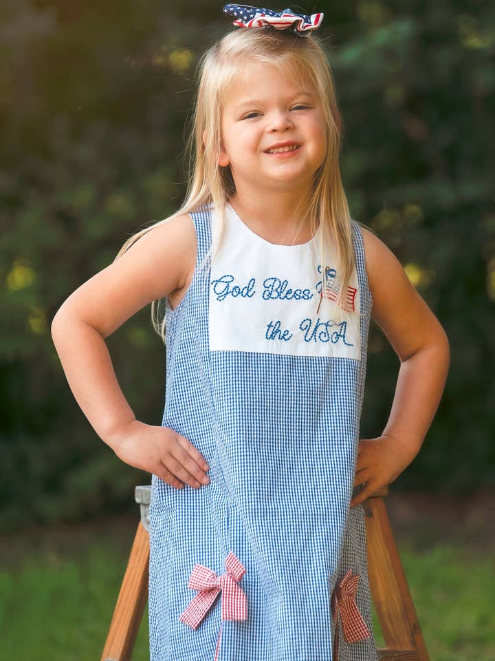Posh Pickle - Wholesale Dress - Kids - God Bless the USA Seersucker Check Embroidered Kick Pleat Dress