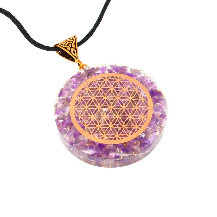 Flower of Life Orgonite Amethyst Pendants 4 cm for wholesale by Artisans de Madagascar